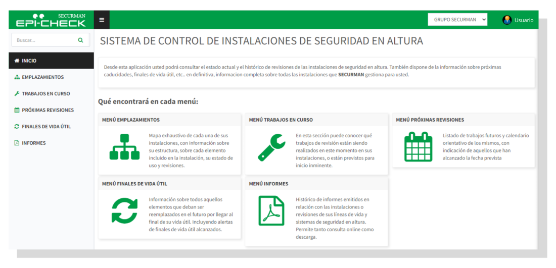 Pantalla Menú inicio - Imagen de ejemplo de la app de EPIcheck
