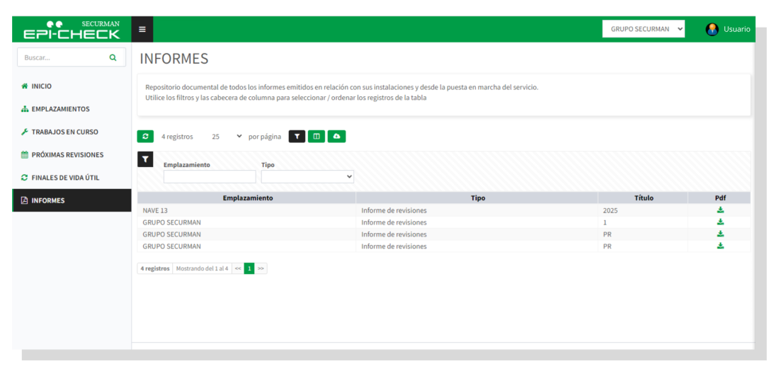 Pantalla Informes - Imagen de ejemplo de la app de EPIcheck