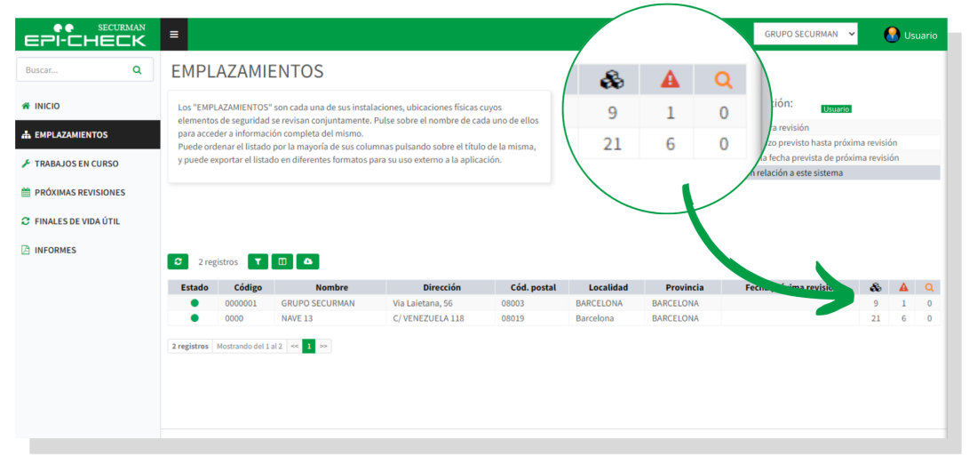 Pantalla Emplazamientos - Imagen de ejemplo de la app de EPIcheck