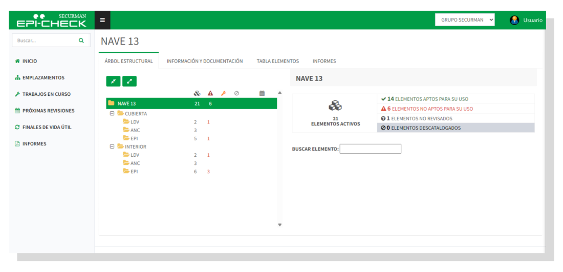 Pantalla Emplazamientos (árbol estructural) - Imagen de ejemplo de la app de EPIcheck