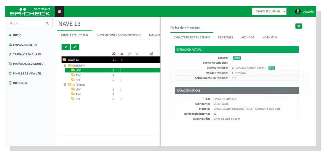 Pantalla Emplazamientos (ficha elemento) - Imagen de ejemplo de la app de EPIcheck