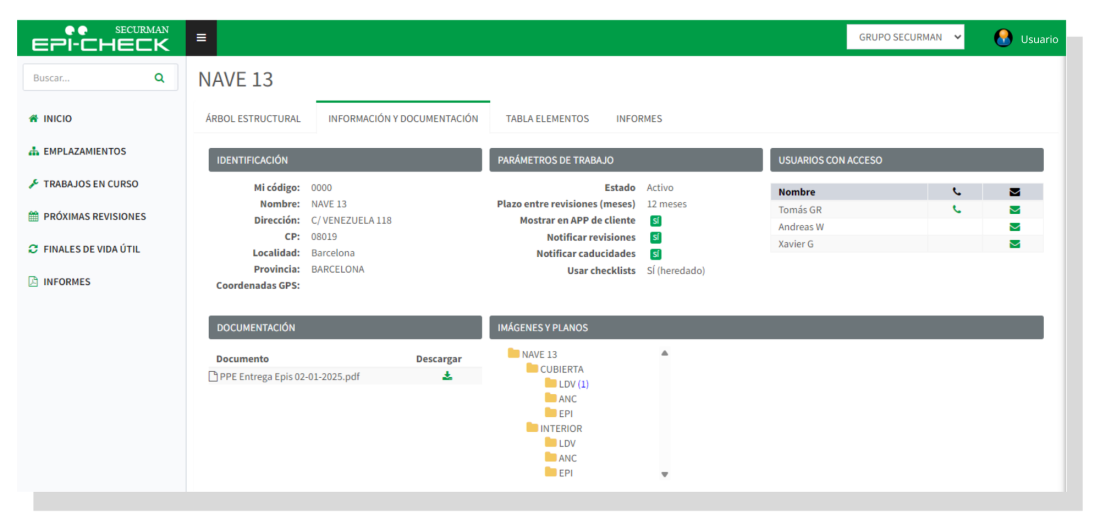 Pantalla Emplazamientos (información y documentación) - Imagen de ejemplo de la app de EPIcheck