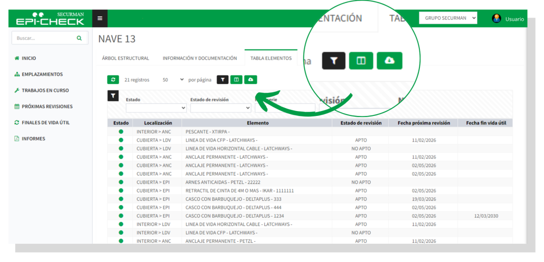 Pantalla Emplazamientos (tabla elementos) - Imagen de ejemplo de la app de EPIcheck