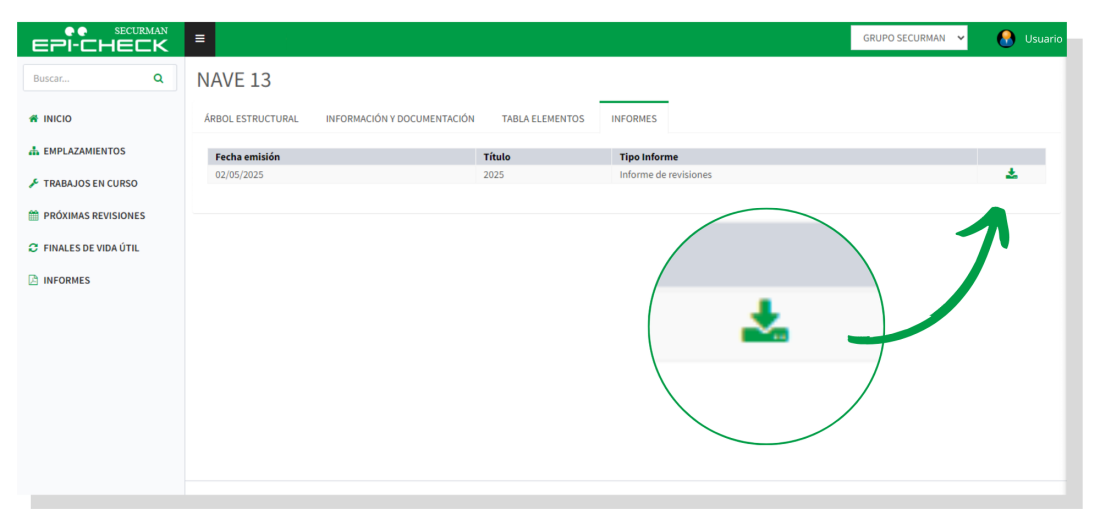 Pantalla Emplazamientos (informes) - Imagen de ejemplo de la app de EPIcheck