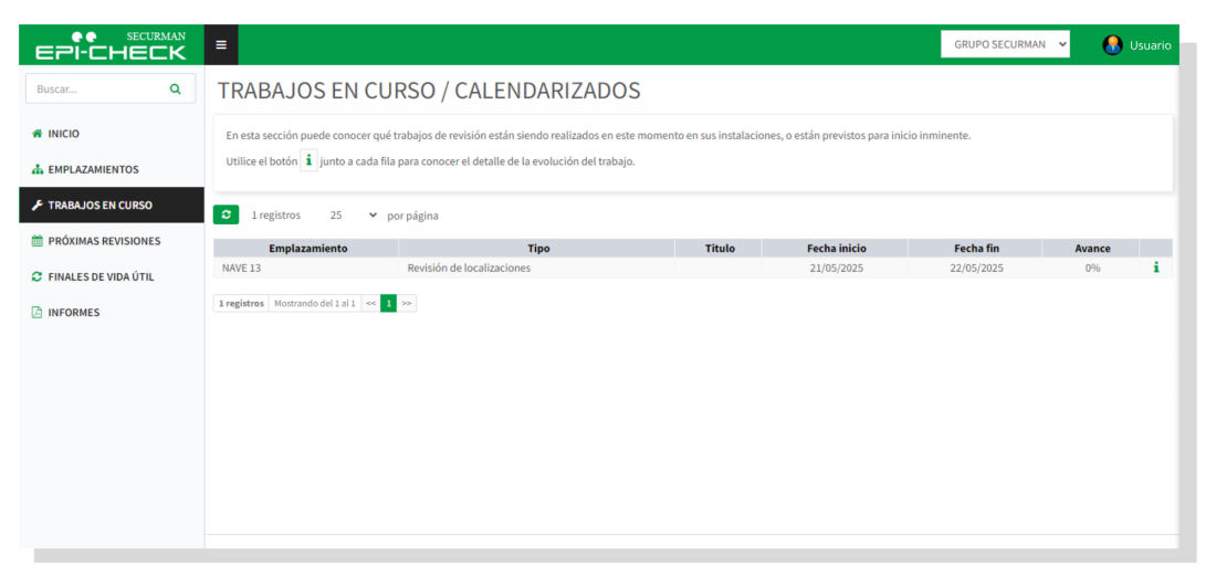 Pantalla Trabajos en curso - Imagen de ejemplo de la app de EPIcheck